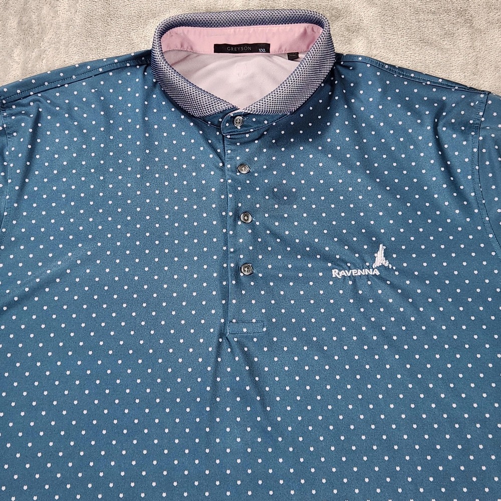 Greyson Polo Shirt Mens 2XL Blue Wolf Logo All Over Print Golf Performance